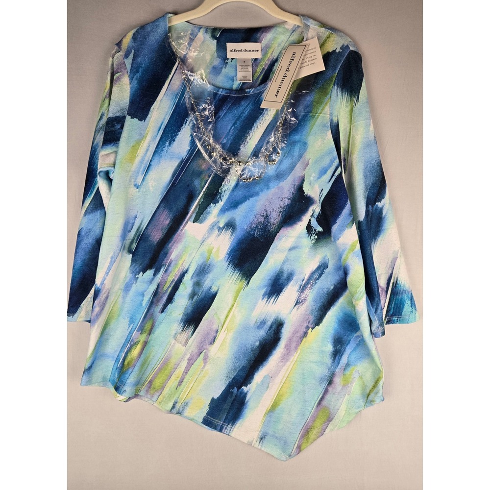 Alfred Dunner Womens Blue Abstract Sharkbite Top with Necklace NWT Size S